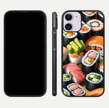 Sushi Food Pattern Glass Case for iPhone 11 front & back layout showing playful food theme and clear edges