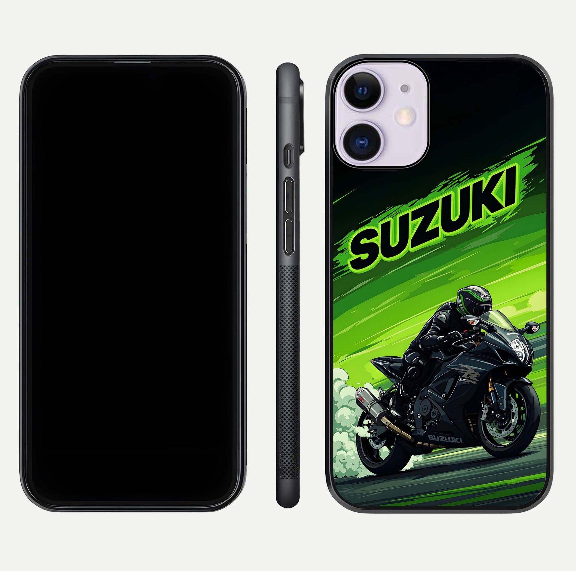 Suzuki Speed Beast Glass Case for iPhone 11 front & back layout showing motion blur and sleek edges
