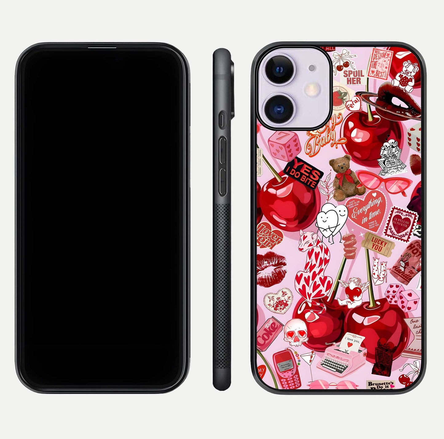 Sweet Cherry Chaos Glass Case for iPhone 11 front & back layout showing vibrant cherries and smooth edges