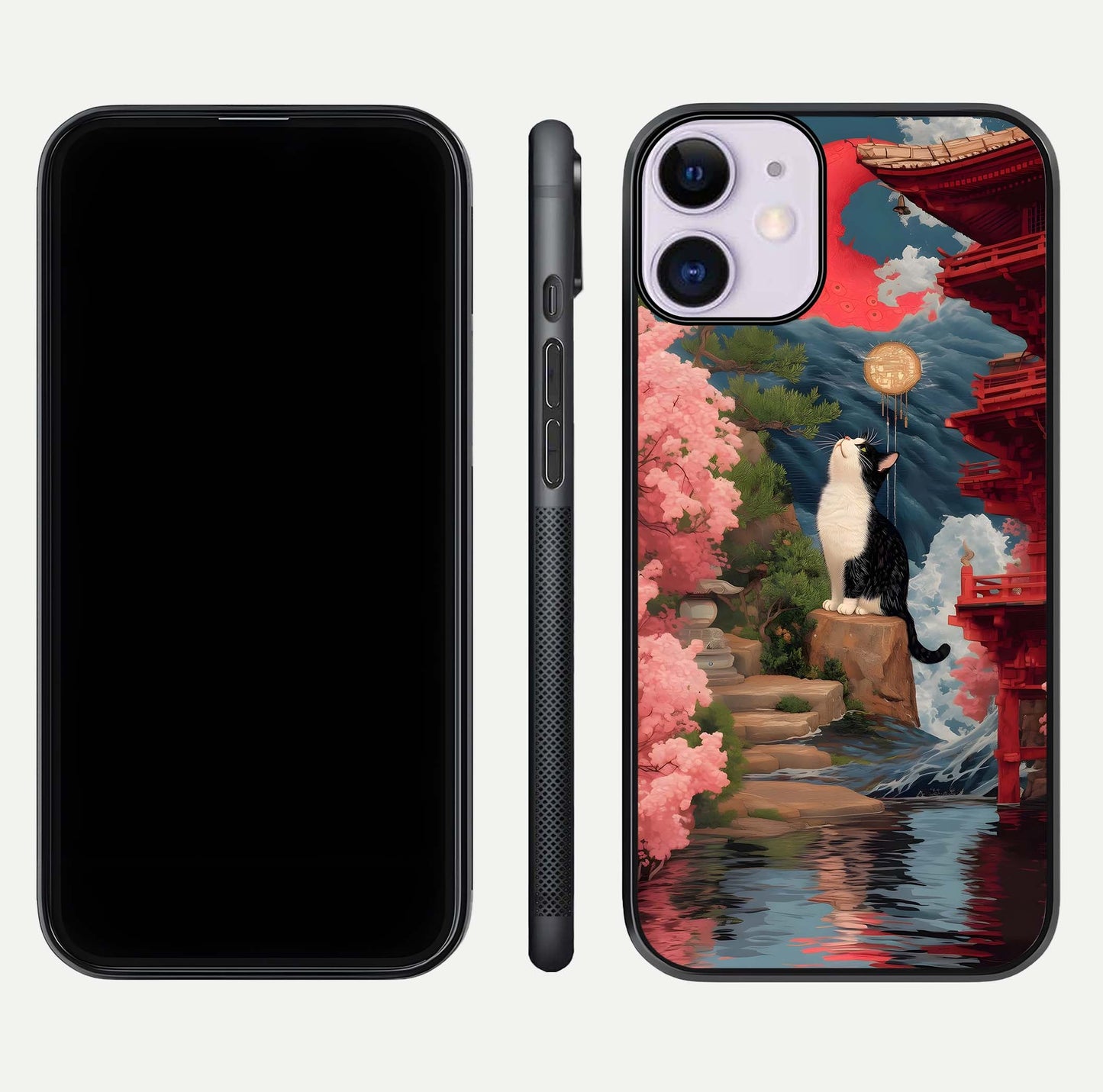 Temple Cat Scenery Glass Case for iPhone 11 front & back layout showing scenic print and edge design
