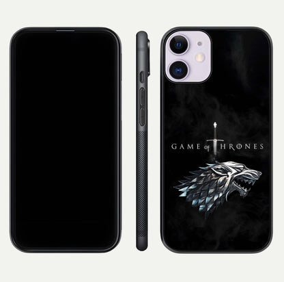 Throne Wolf Legacy Glass Case for iPhone 11 front & back layout showing bold pattern and sharp edge