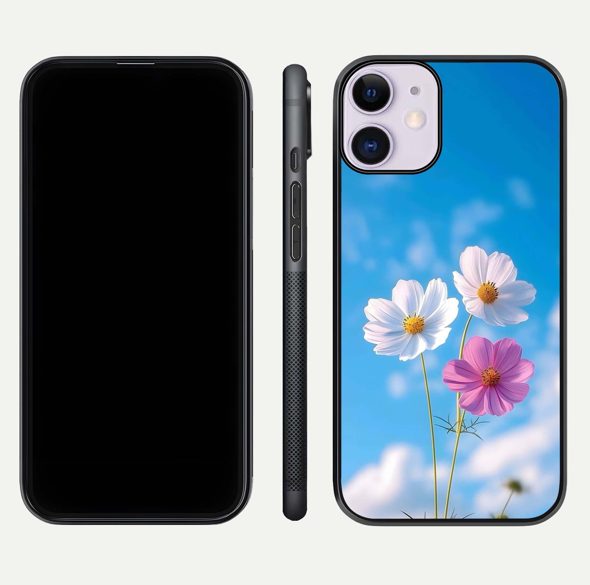 Triple Flowers With Sky Glass Case for iPhone 11 front & back layout showing vivid tones and glossy surface