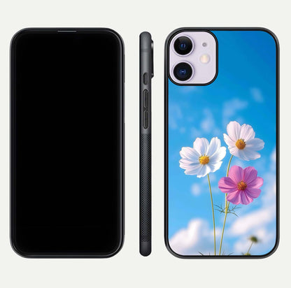 Triple Flowers With Sky Glass Case for iPhone 11 front & back layout showing vivid tones and glossy surface