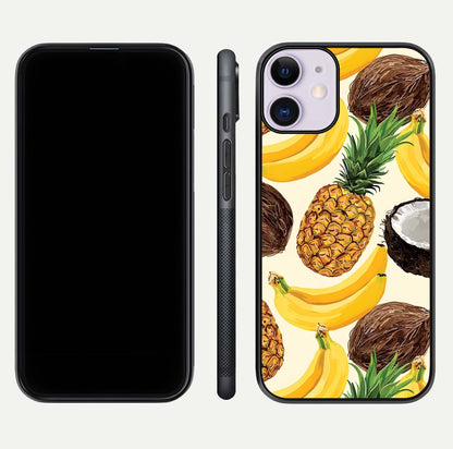 Tropical Fruit Mood Glass Case for iPhone 11 front & back layout showing playful tones and clean edge