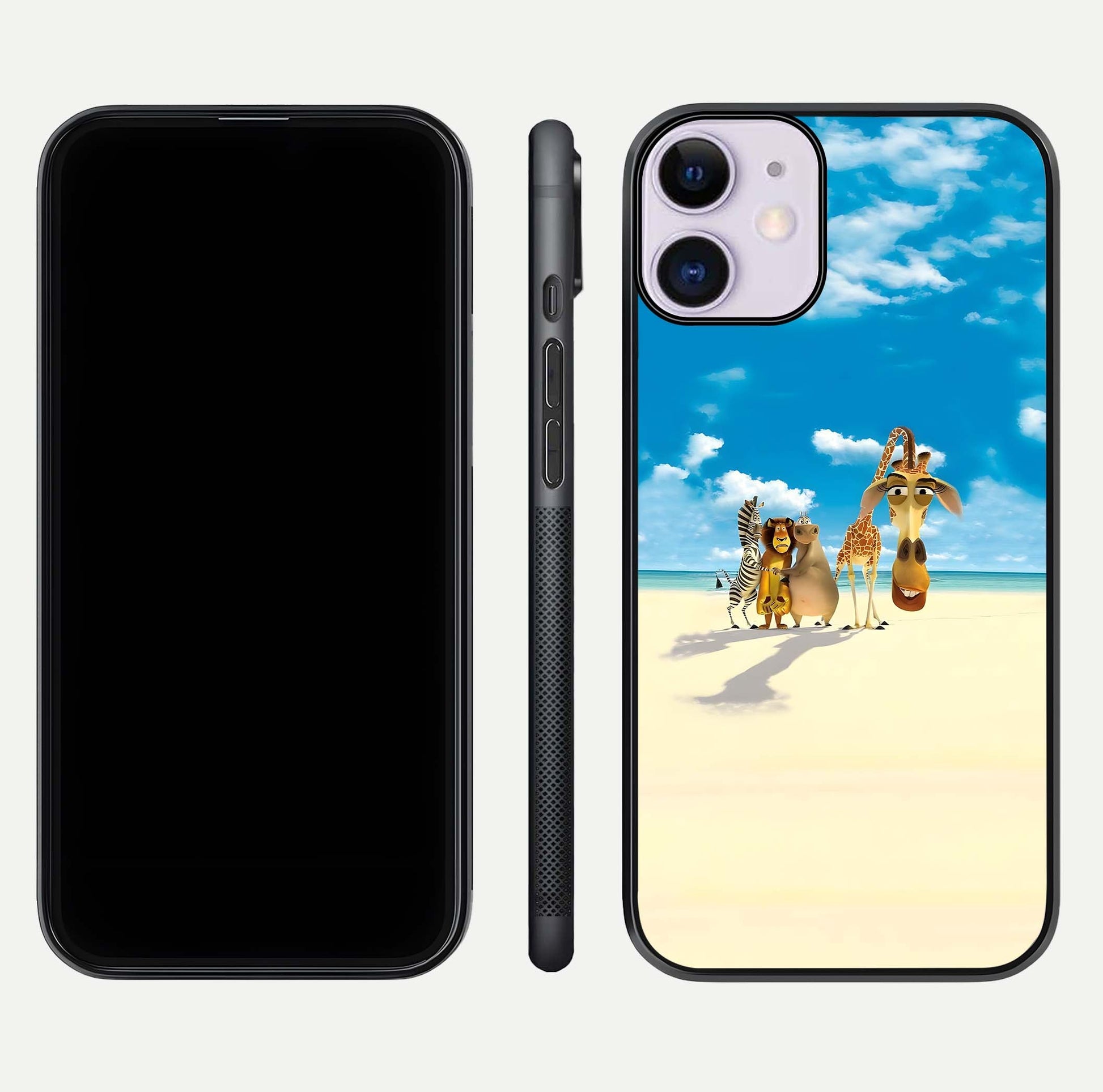 Tropical Fun Squad Glass Case for iPhone 11 front & back layout showing fun pattern and smooth edges