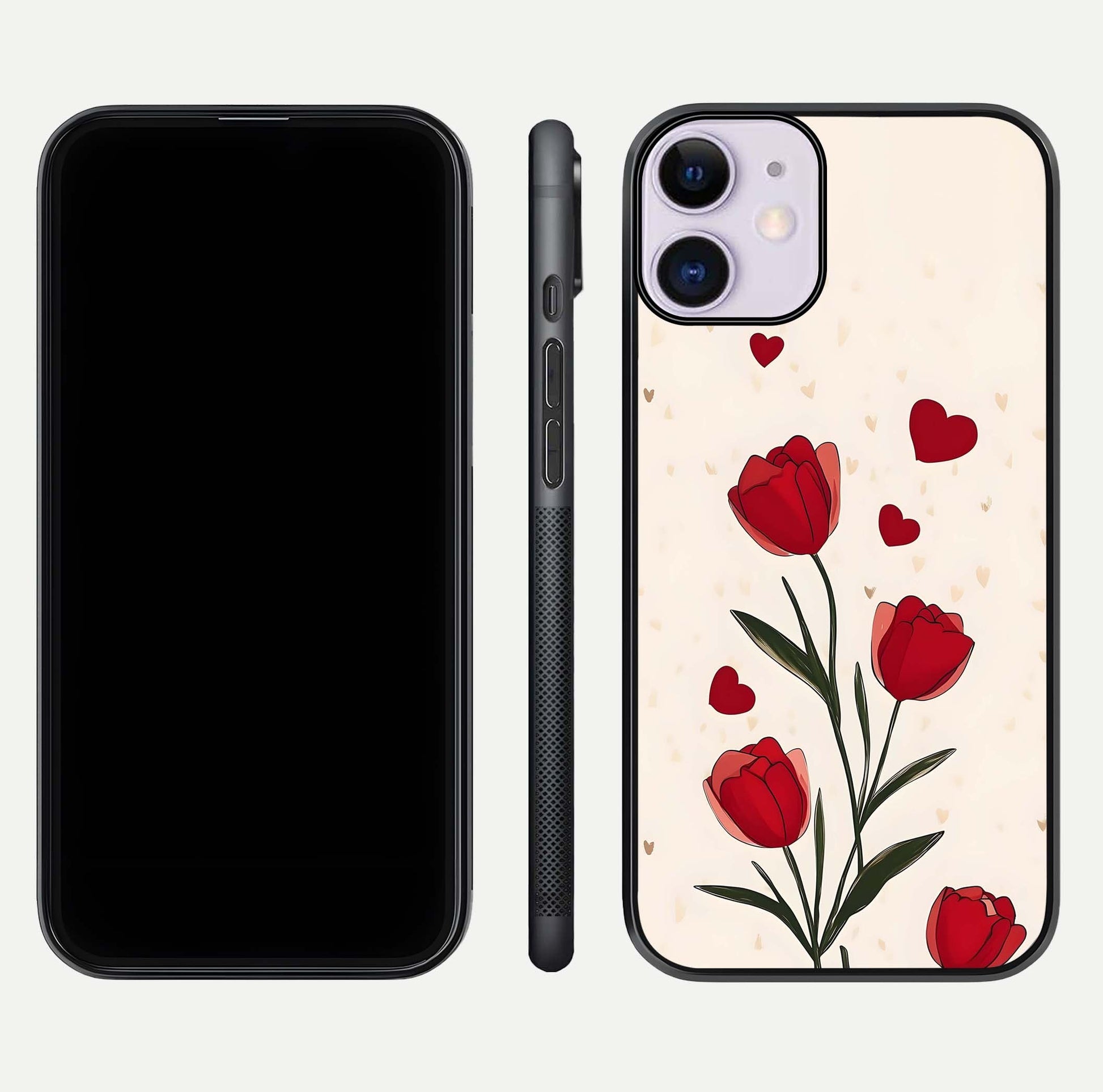 Tulip With Heart Glass Case for iPhone 11 front & back layout showing heart motif and elegant gloss finish