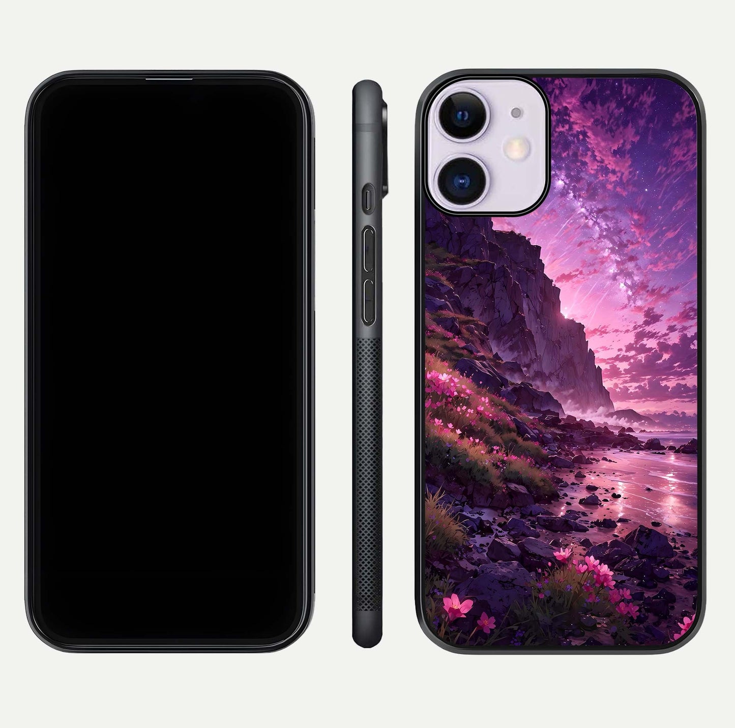 Twilight Blossom Coast Glass Case for iPhone 11 front & back layout showing floral tones and curved edge