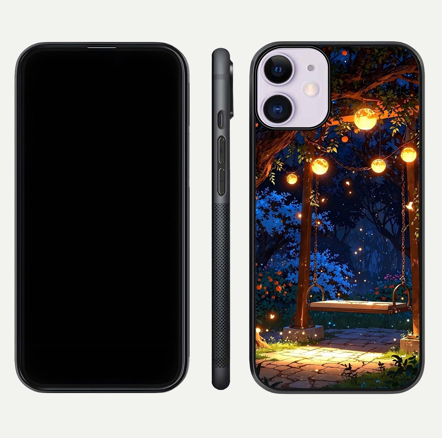 Twilight Garden Swing Glass Case for iPhone 11 front & back layout showing garden art and clean edge