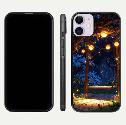 Twilight Garden Swing Glass Case for iPhone 11 front & back layout showing garden art and clean edge