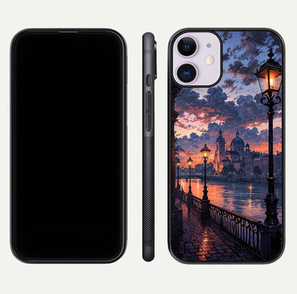 Twilight River Lights Glass Case for iPhone 11 front & back layout showing scenic artwork and smooth curved edges