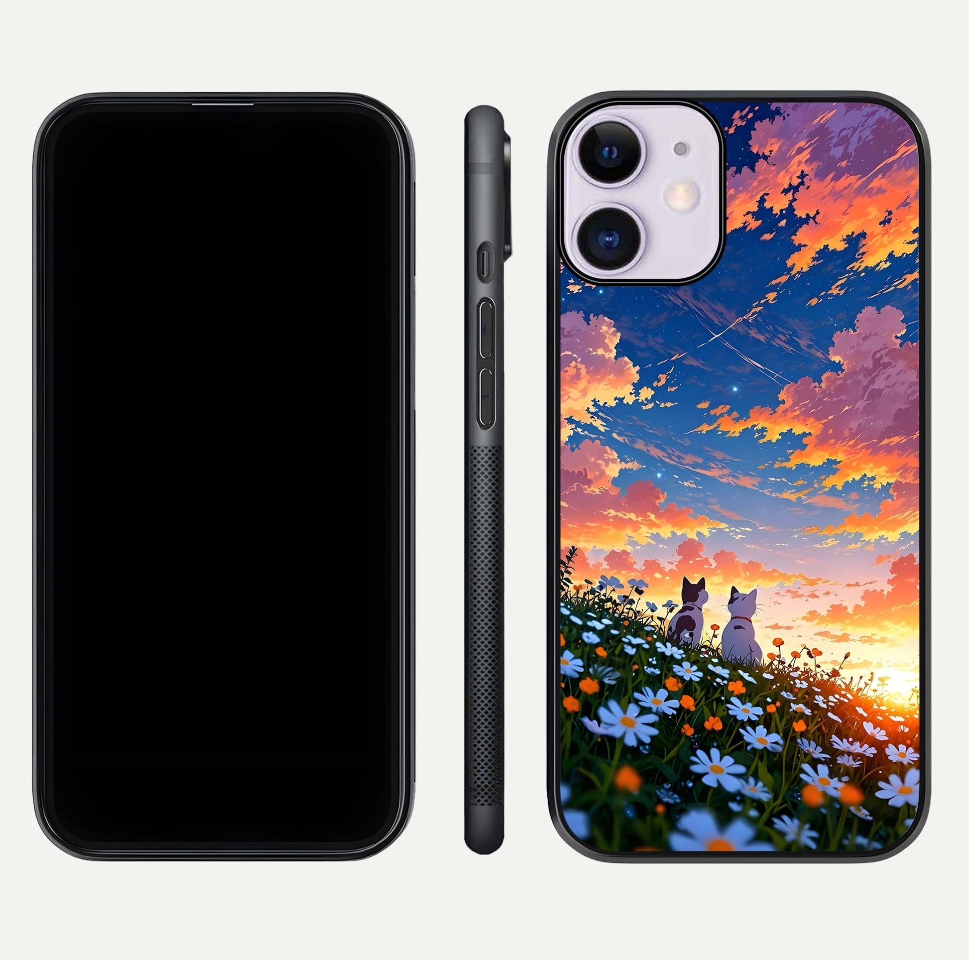 Two Cats Friends Glass Case for iPhone 11 front & back layout showing friendly cat theme and edge design