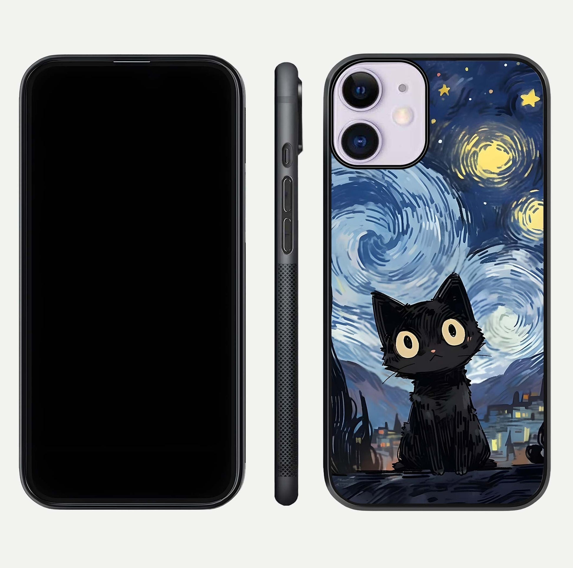 Van Gogh Cat Glass Case for iPhone 11 front & back layout showing detailed art print and curved glass edges