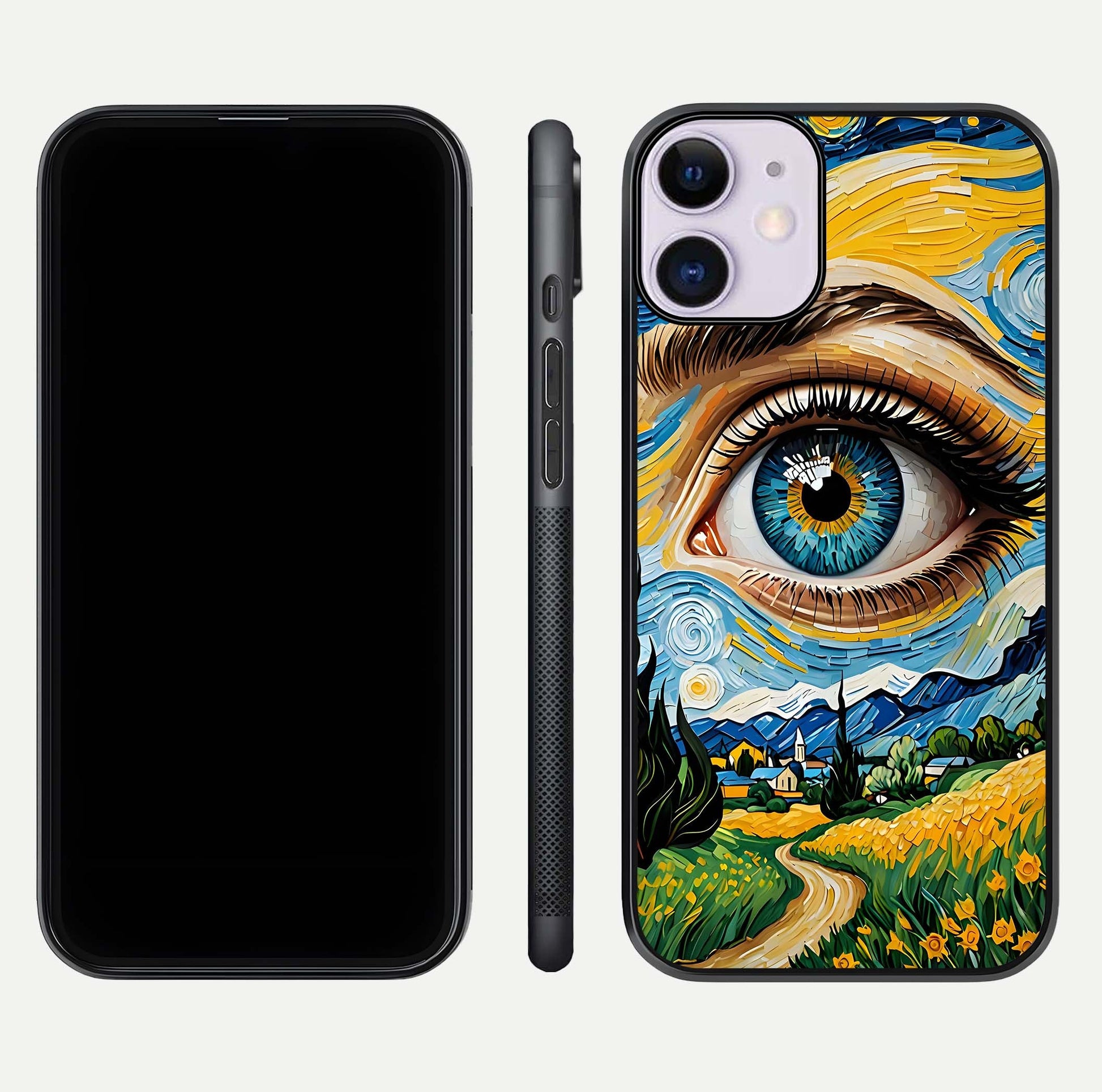 Van Gogh Eye Glass Case for iPhone 16 Pro front & back layout showing brushstroke detail and smooth finish