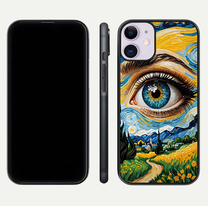 Van Gogh Eye Glass Case for iPhone 16 Pro front & back layout showing brushstroke detail and smooth finish
