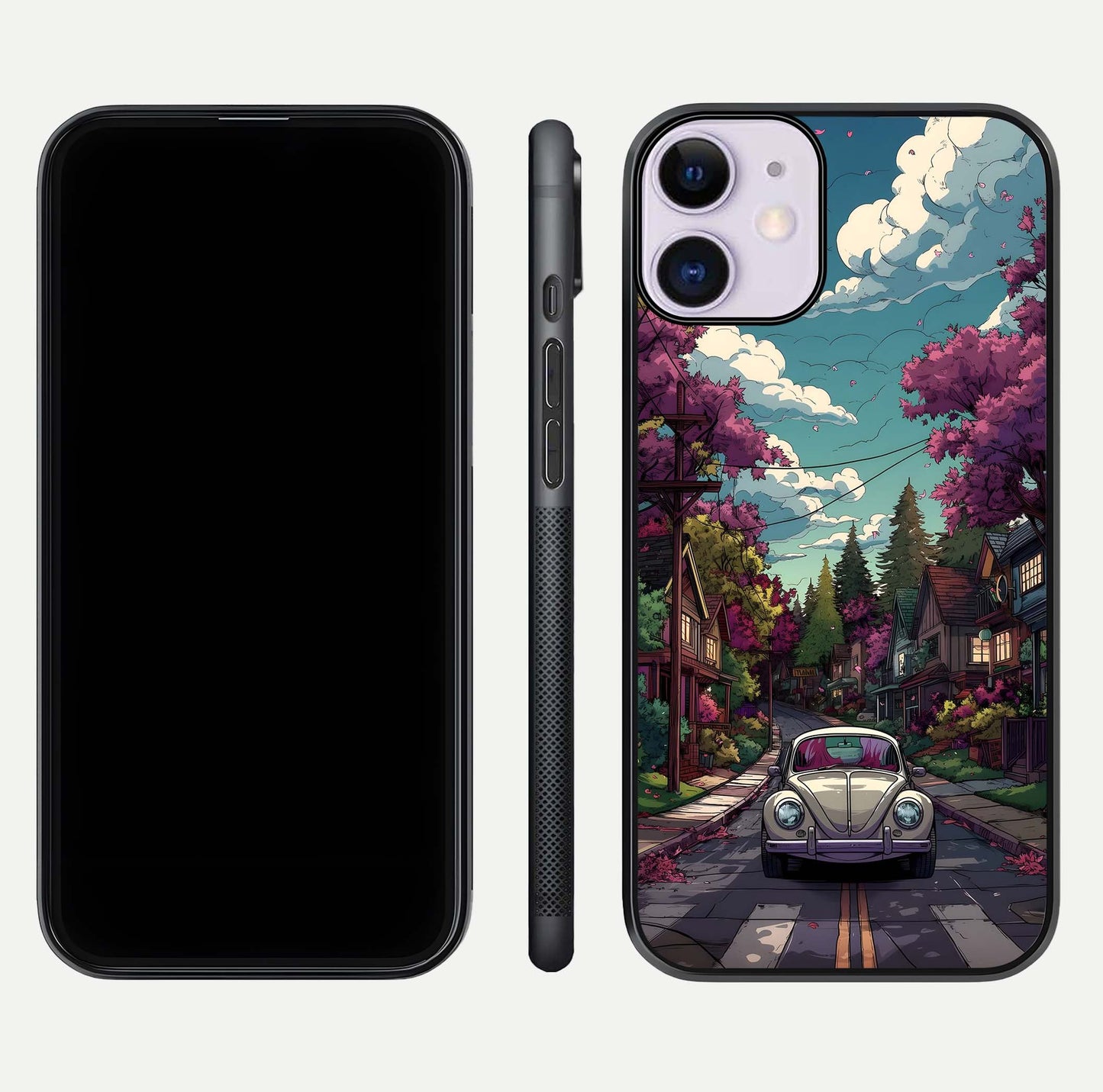 Vintage Street Drive Glass Case for iPhone 11 front & back layout showing retro street scene and edges