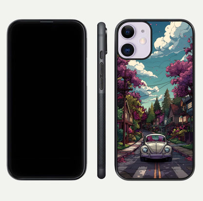 Vintage Street Drive Glass Case for iPhone 11 front & back layout showing retro street scene and edges