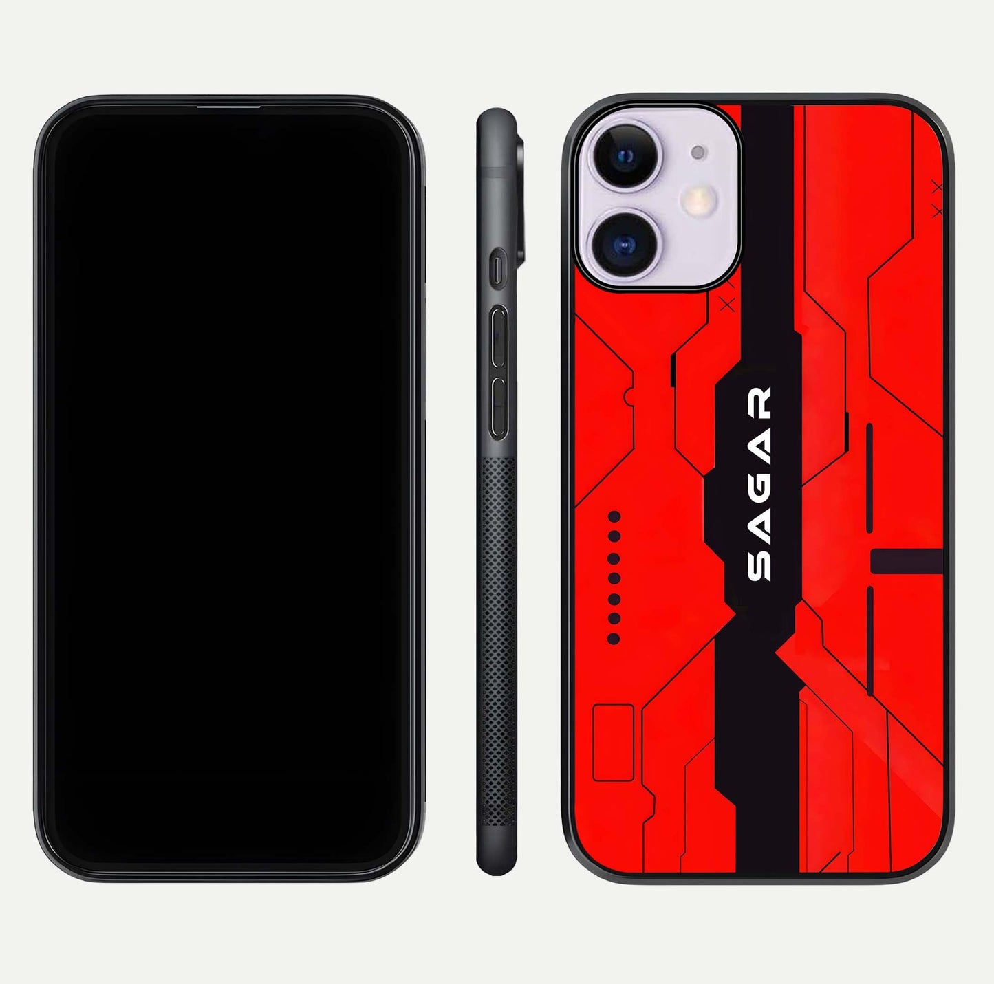 Voltage Rise CYBERPUNK Custom Name Glass Case for iPhone 11 front & back layout showing futuristic tones and sleek edge