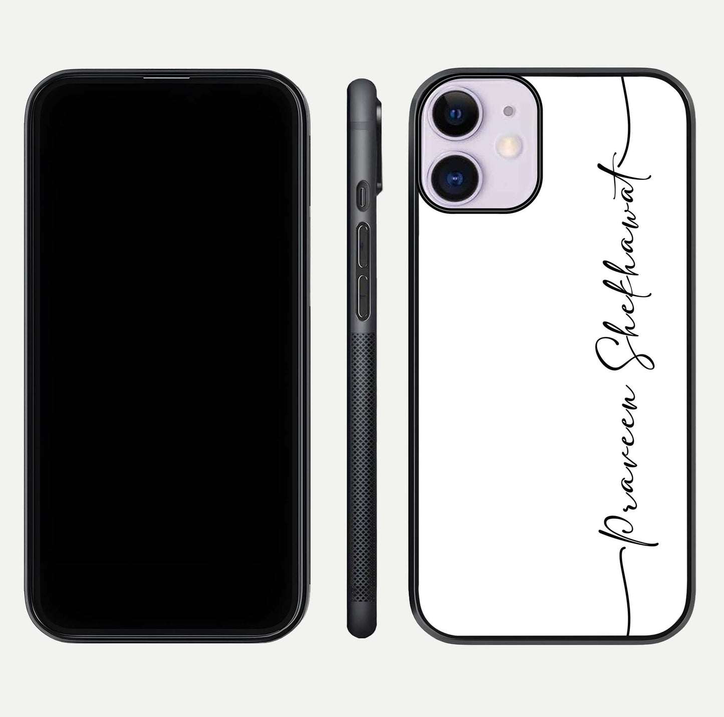 White Tune Custom Name Glass Case for iPhone 11 front & back layout showing clean design and text placement