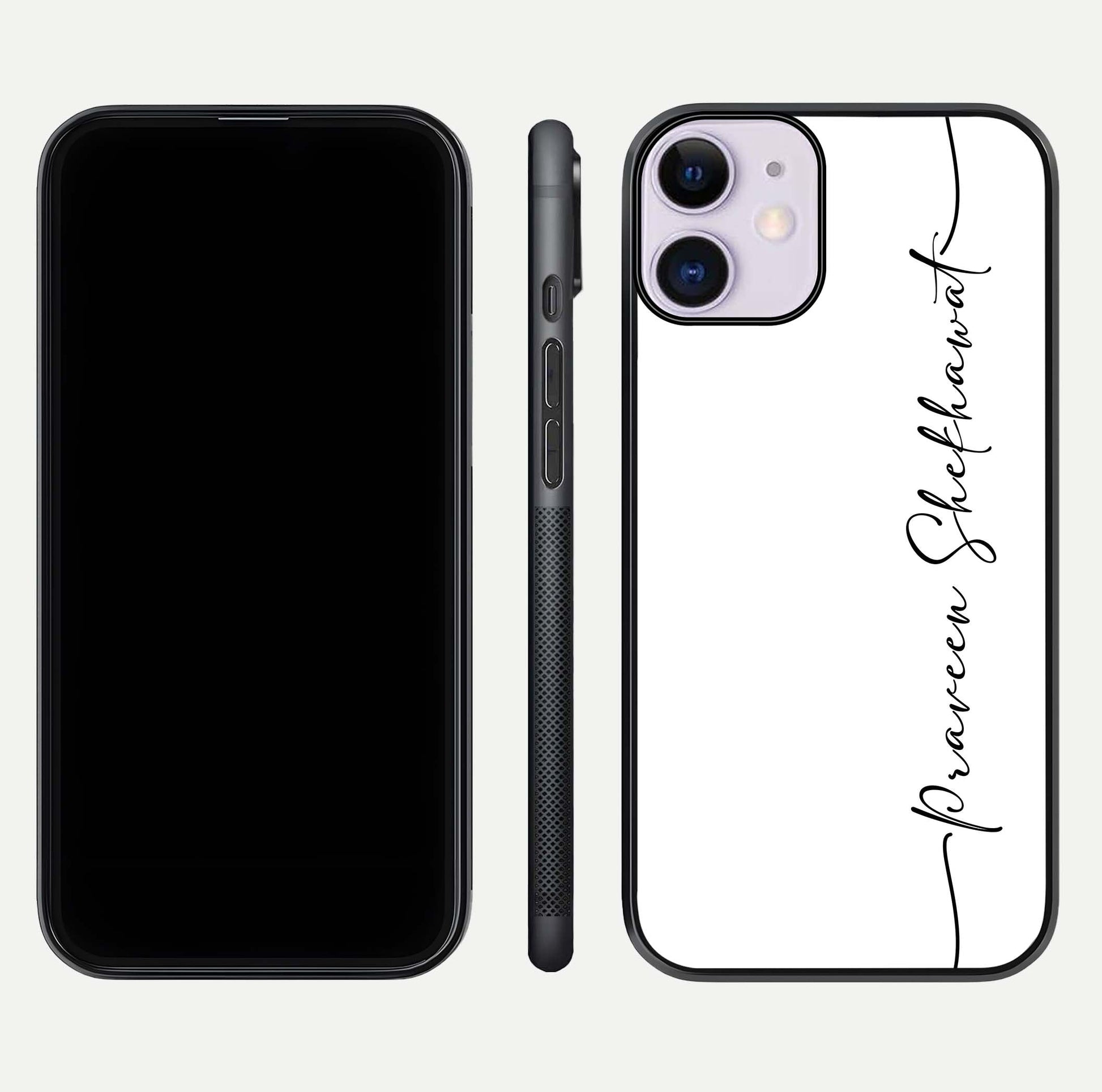 White Tune Custom Name Glass Case for iPhone 11 front & back layout showing clean design and text placement