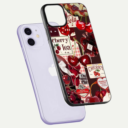 Aesthetic Cherry Tea Glass Case for iPhone 16 Pro floating dual-view mockup showing edge design and detailed cherry pattern gloss texture