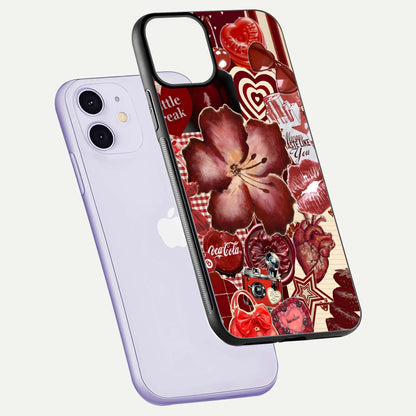 Aesthetic Little Freak Glass Case for iPhone 16 Pro floating dual-view mockup showing edge design and detailed collage gloss texture
