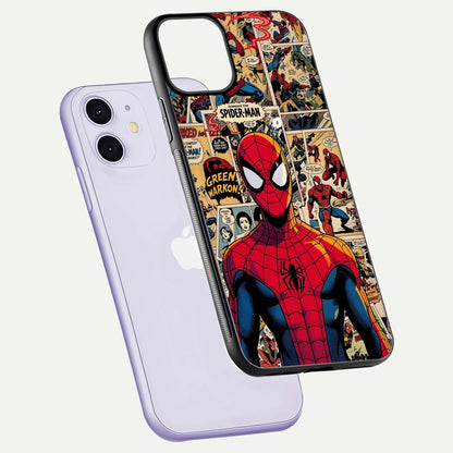 Aesthetic Spider Man Glass Case for iPhone 16 Pro floating dual-view mockup showing edge design and detailed Spider-Man gloss texture