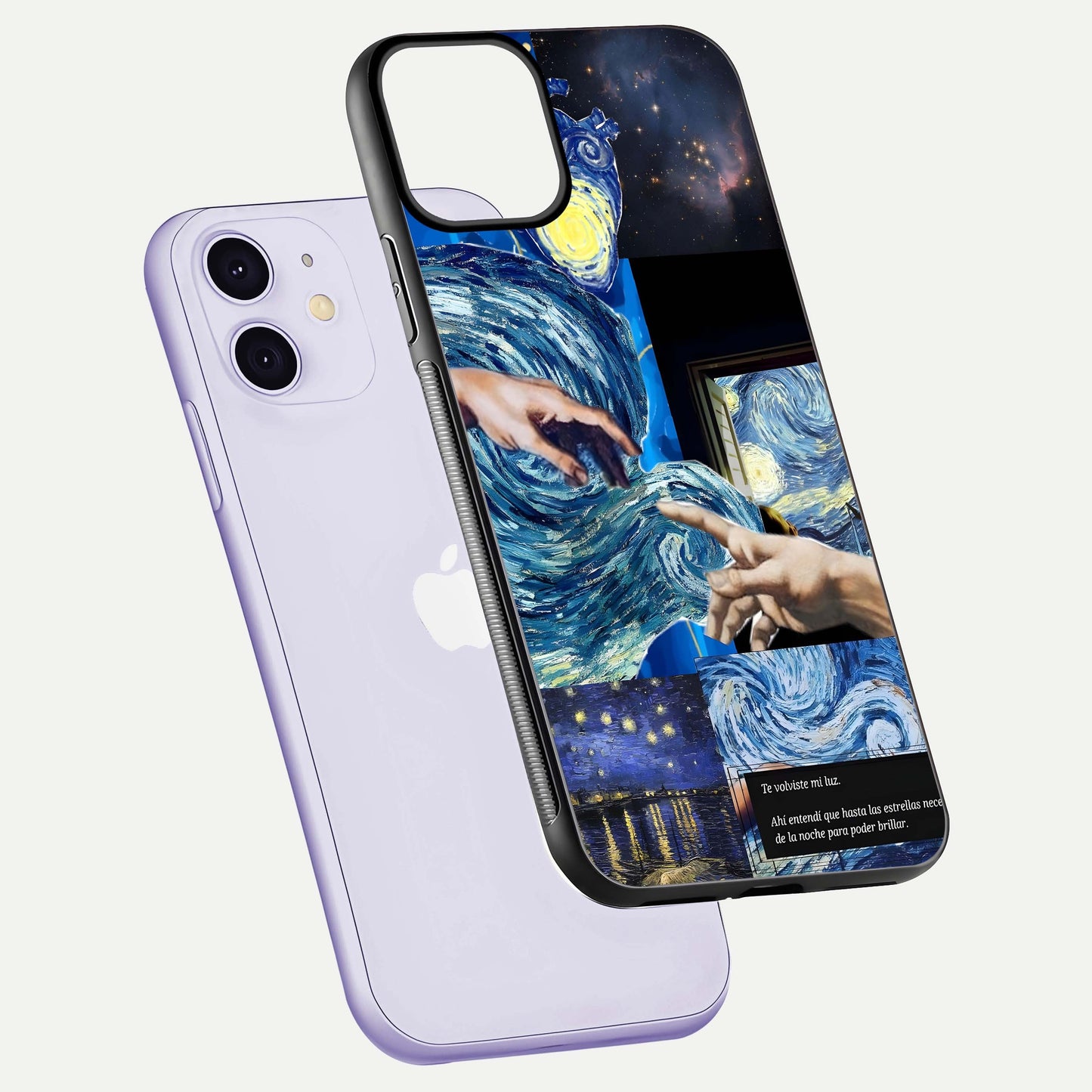 Aesthetic Vando Hands Glass Case for iPhone 16 Pro floating dual-view mockup showing slim edge profile and high-definition gloss