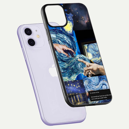 Aesthetic Vando Hands Glass Case for iPhone 16 Pro floating dual-view mockup showing slim edge profile and high-definition gloss
