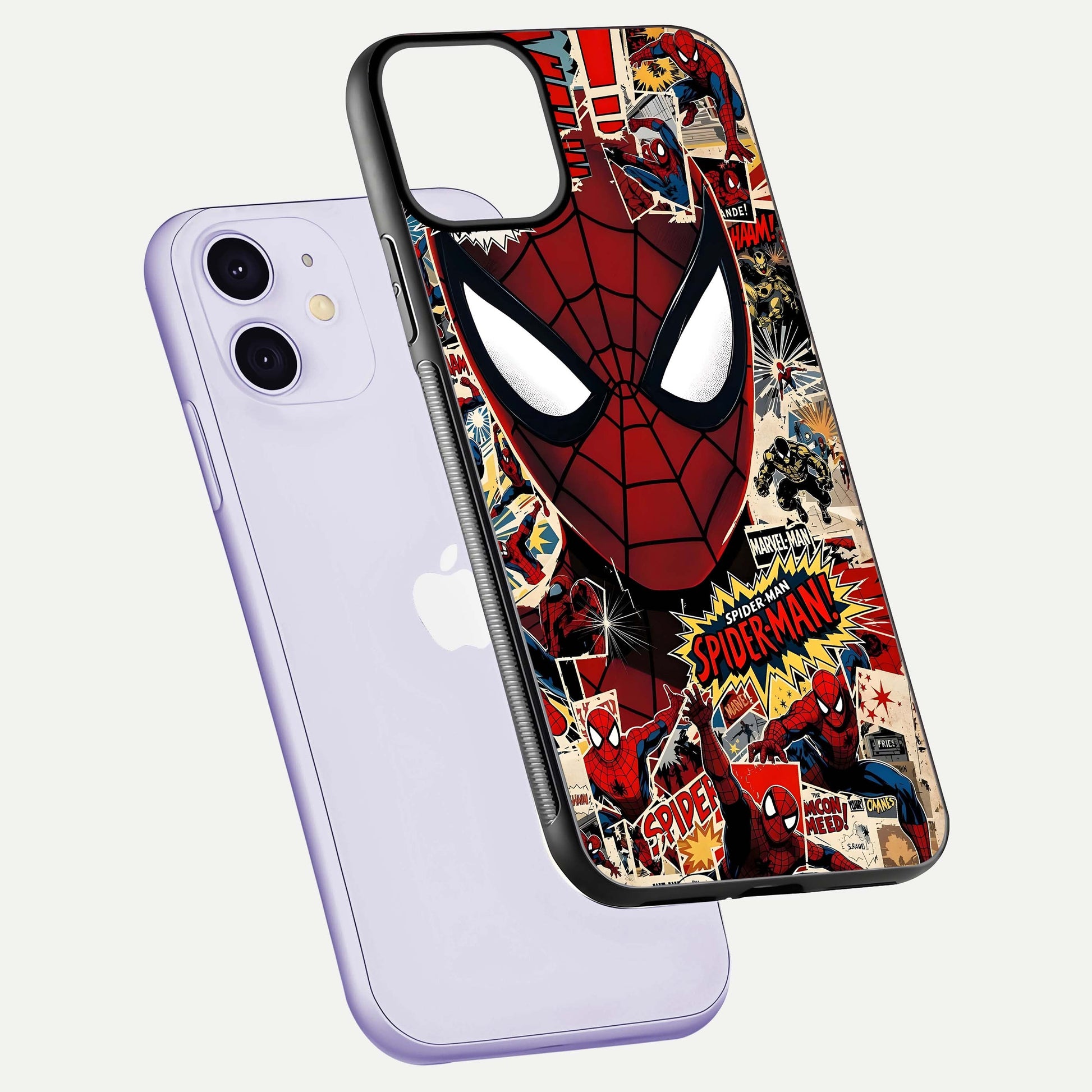 Aesthetic Wonder Spider Glass Case for iPhone 16 Pro floating mockup emphasizing superhero art and glossy reflection