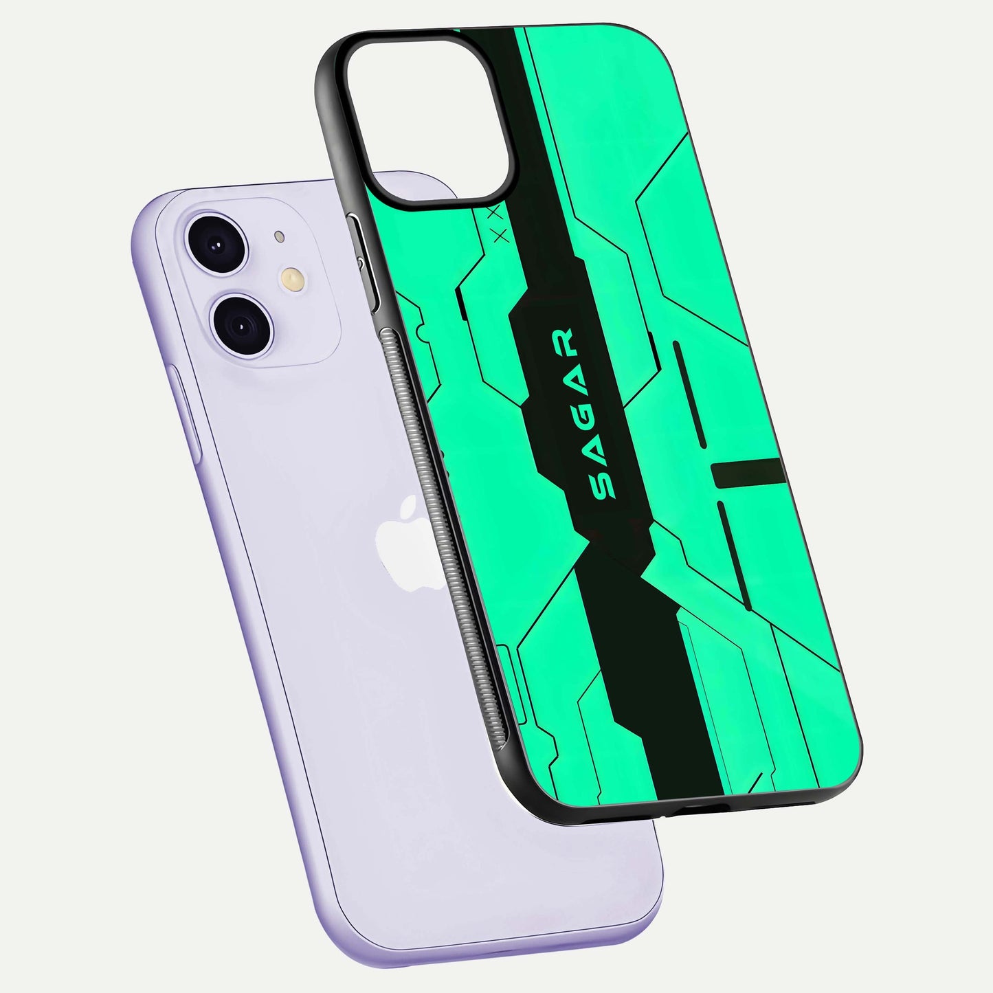 Aqua Tech CYBERPUNK Custom Name Glass Case for iPhone 11 floating mockup highlighting name customization area