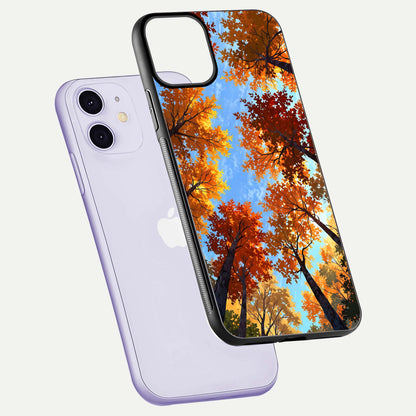 Autumn Sky Rise Glass Case for iPhone 11 floating dual-view mockup with sky horizon and glossy highlights
