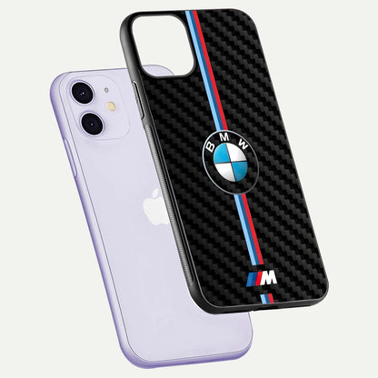 BMW Pattern Glass Case for iPhone 11 floating mockup highlighting clean lines and metallic accent reflection