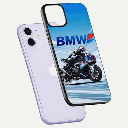 BMW Power Drift Glass Case for iPhone 11 floating mockup displaying bold drift artwork and glossy polish
