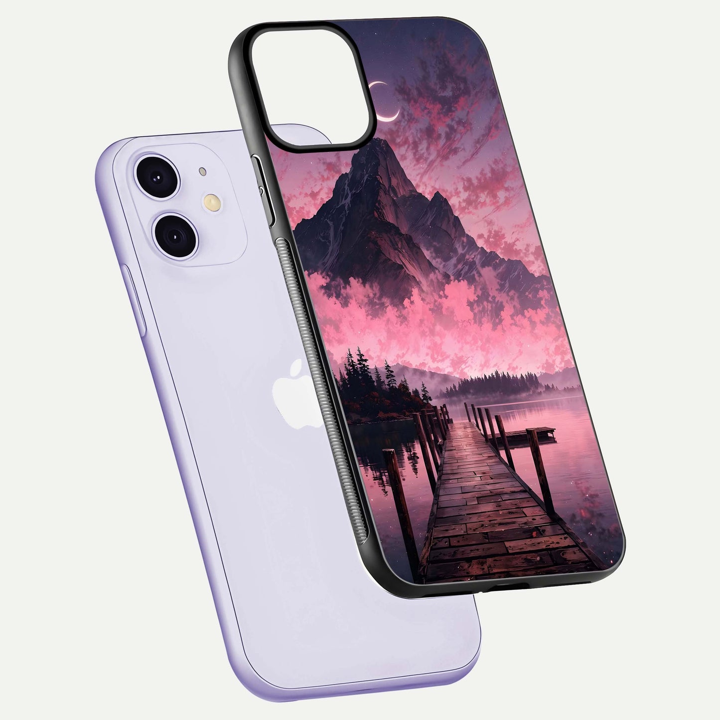 Beautyful Mountain View Glass Case for iPhone 11 floating dual mockup showing edges and reflective sky print