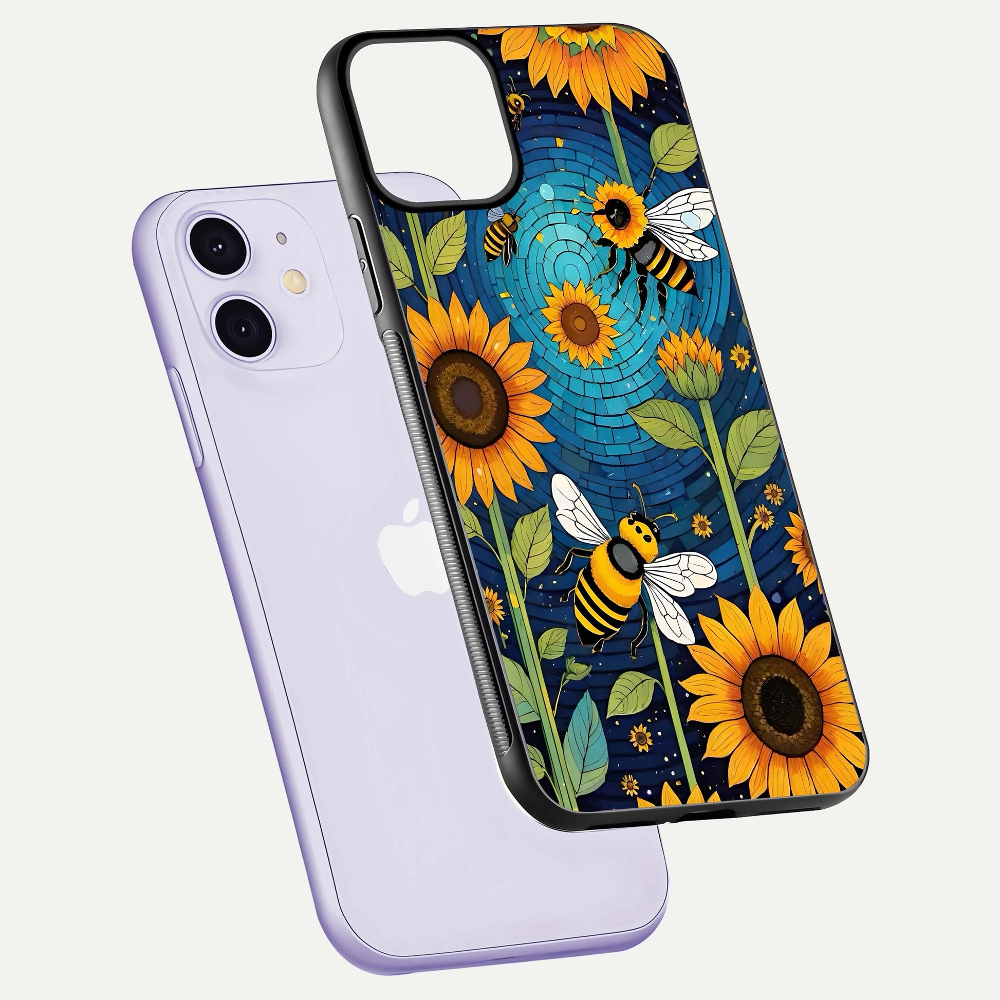 Bees & Sunflowers Glass Case for iPhone 11 floating dual-view mockup displaying vibrant yellow tones and gloss texture