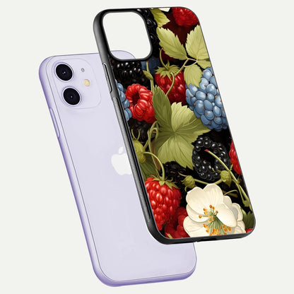 Berry Bloom Charm Glass Case for iPhone 11 floating mockup capturing glossy reflection and curved-edge finish