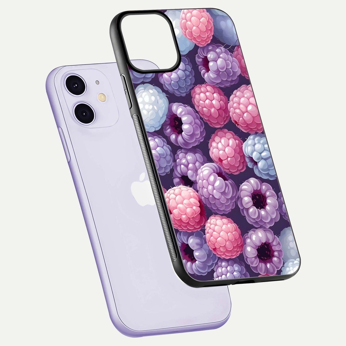 Berry Candy Pop Glass Case for iPhone 11 floating dual-view mockup highlighting gloss shine and curved edges