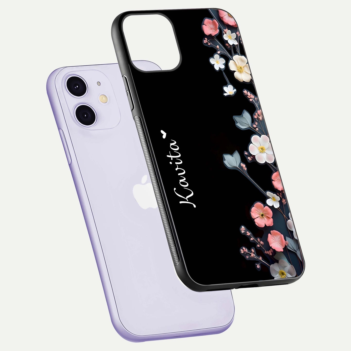 Black Elegance Floral Custom Name Glass Case for iPhone 11 floating mockup emphasizing premium shine and floral art