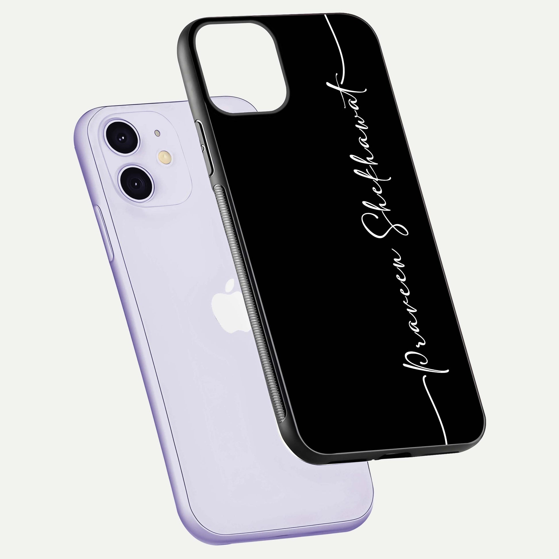 Black Tune Custom Name Glass Case for iPhone 11 floating dual-view mockup emphasizing modern glossy texture