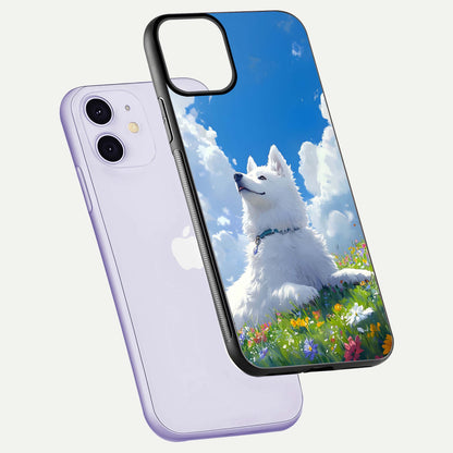 Blissful Cloud Pup Glass Case for iPhone 11 floating mockup capturing playful aesthetic and gloss finish