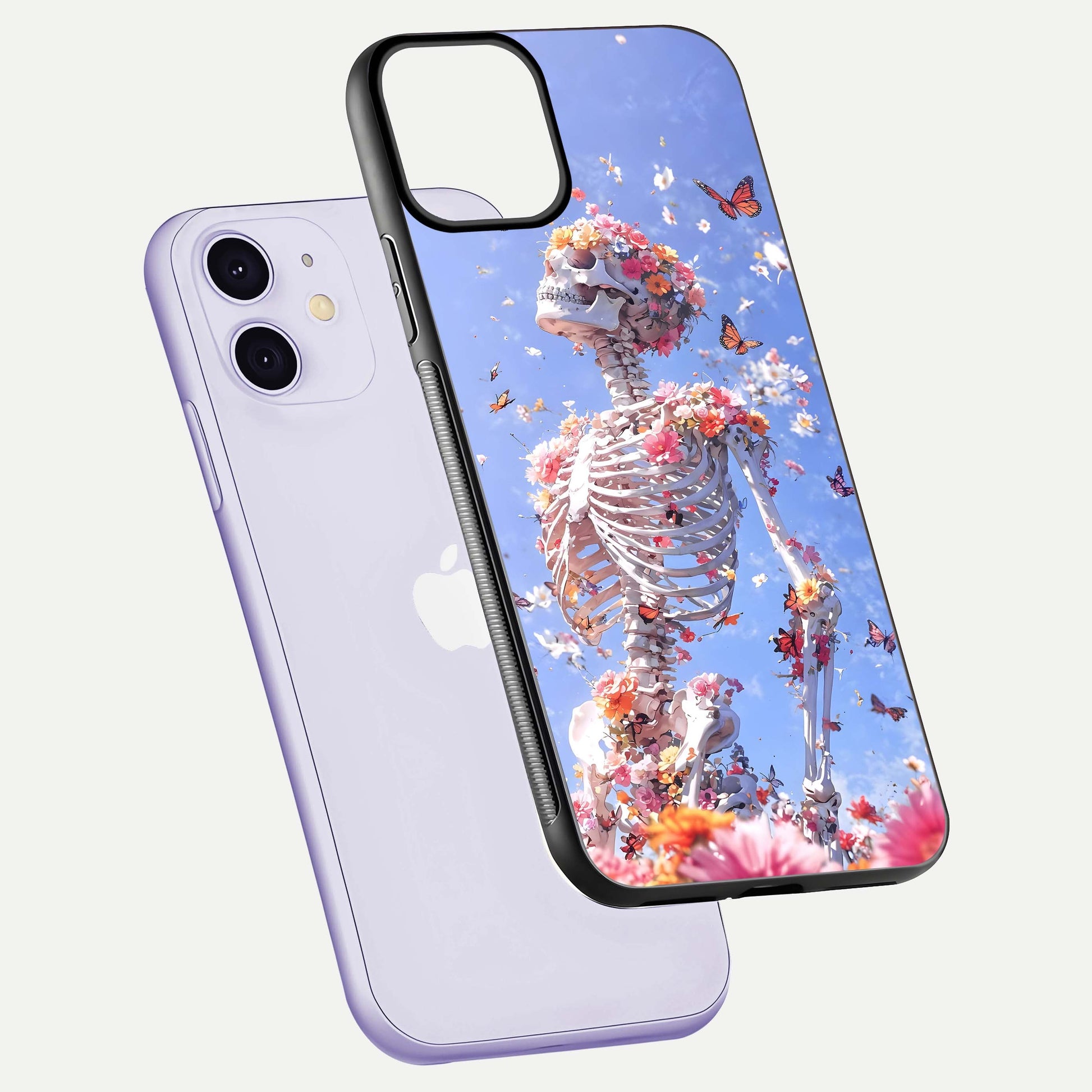 Bloom Beyond Bones Glass Case for iPhone 11 floating mockup displaying shine, texture, and gloss detail