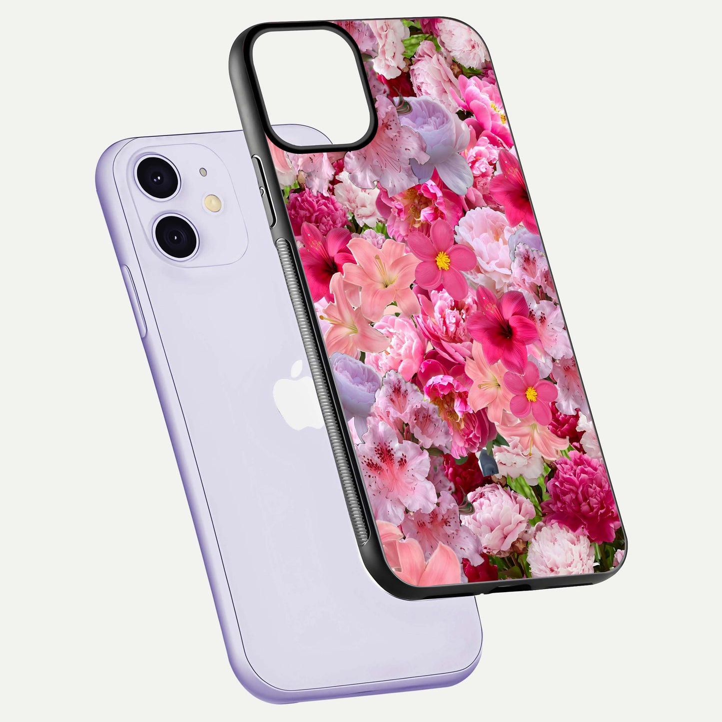 Bloom Crush Fantasy Glass Case for iPhone 11 floating mockup showing floral pattern clarity and HD glass