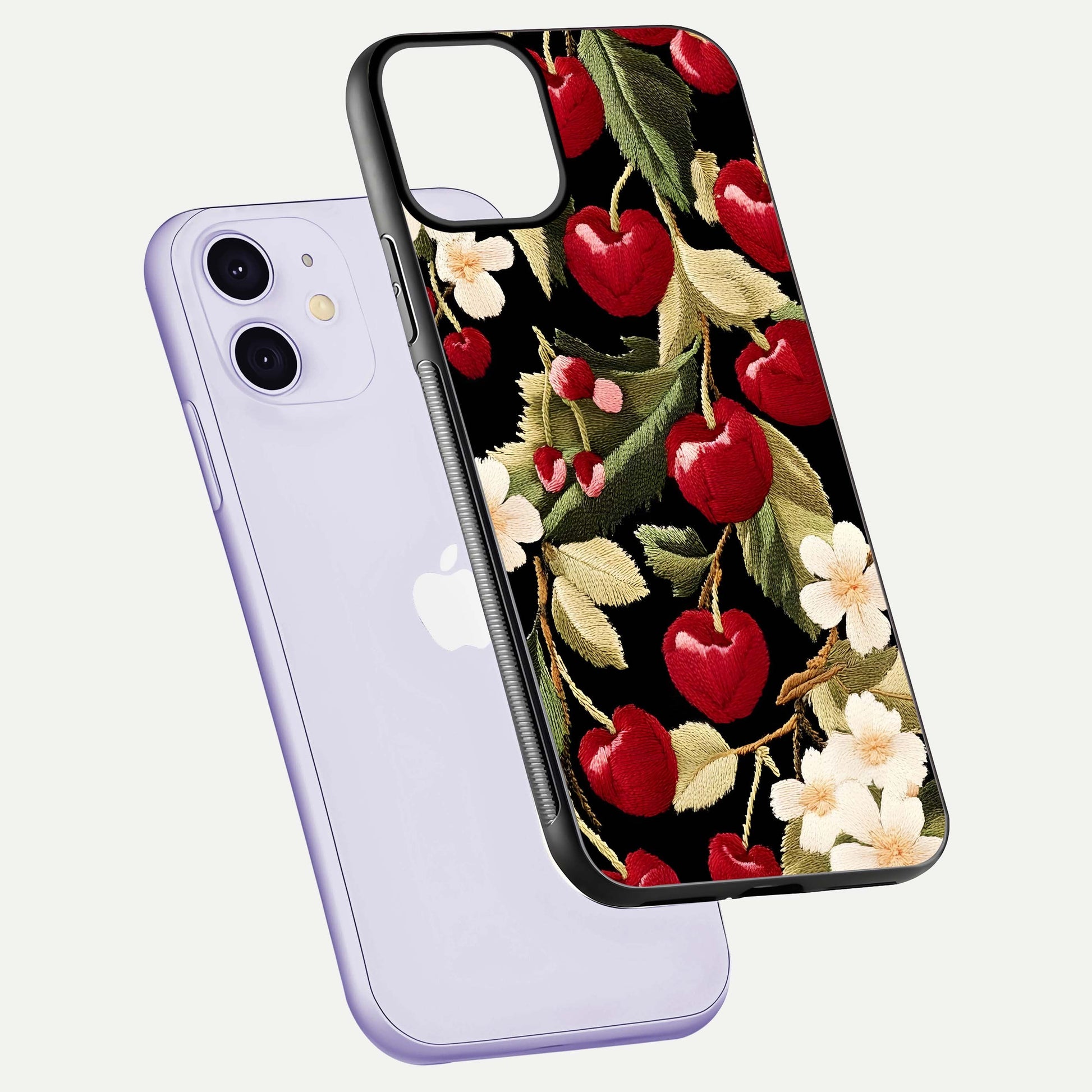 Bloom Thread Art Glass Case for iPhone 11 floating mockup showing premium reflection and stitched art vibe
