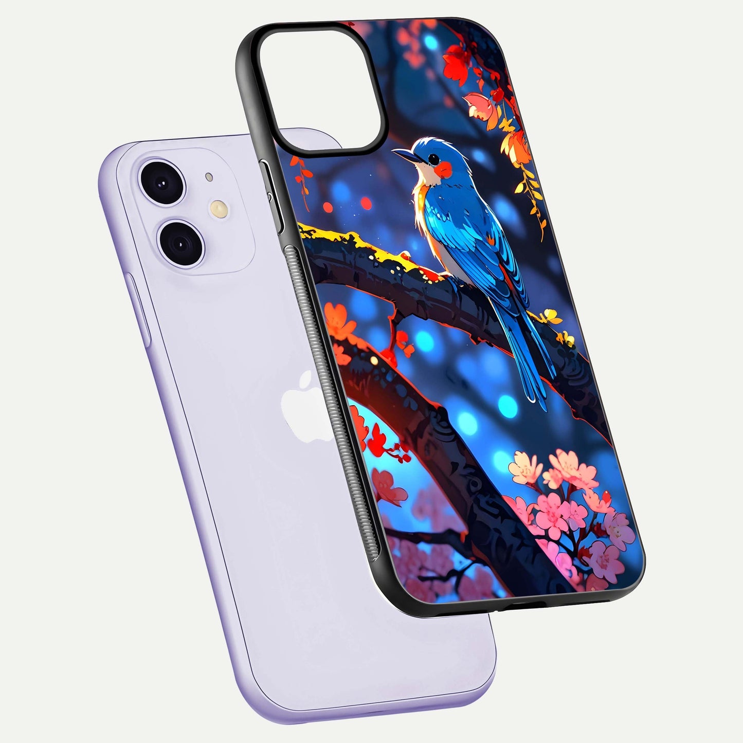 Blooming Spendor Bird Glass Case for iPhone 11 floating dual-mockup capturing gloss tone and curved texture