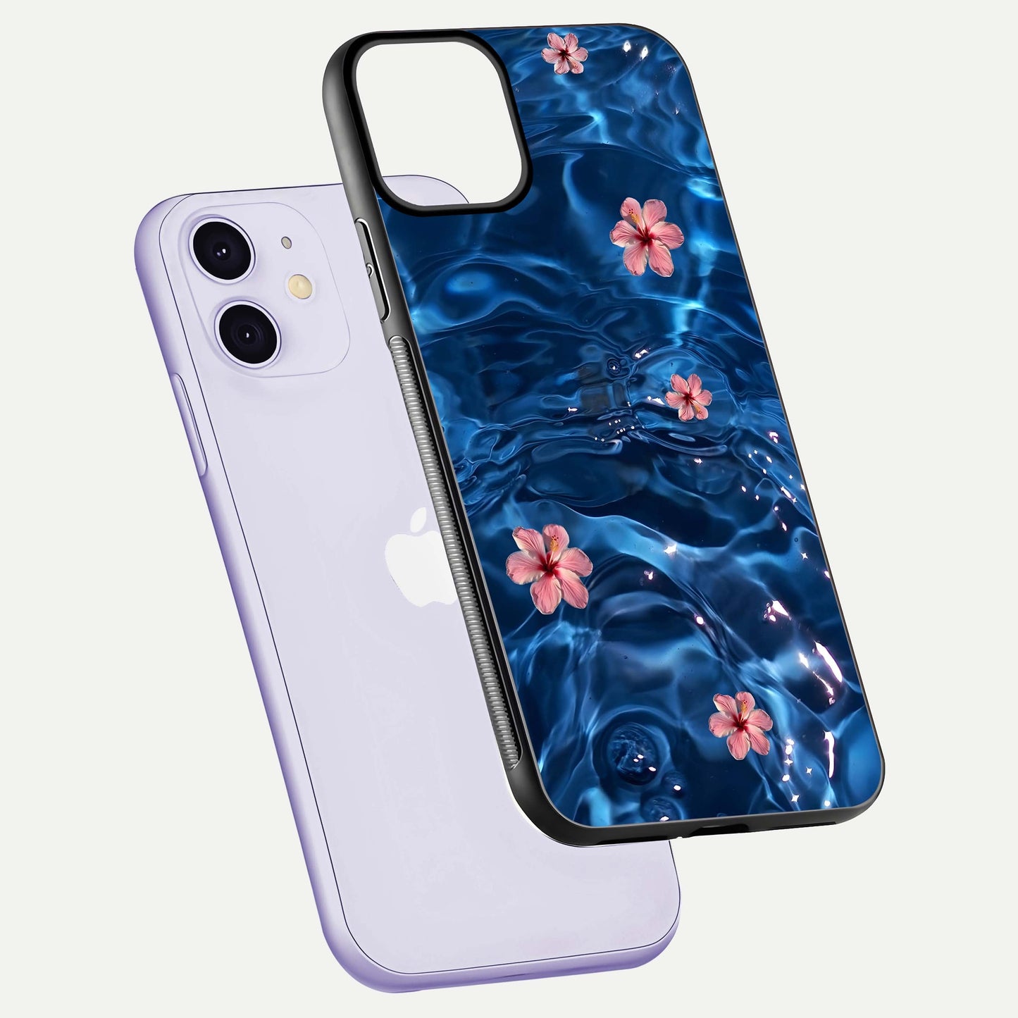 Blooming Water Drift Glass Case for iPhone 11 floating dual-view mockup showing floral drift pattern and reflective surface