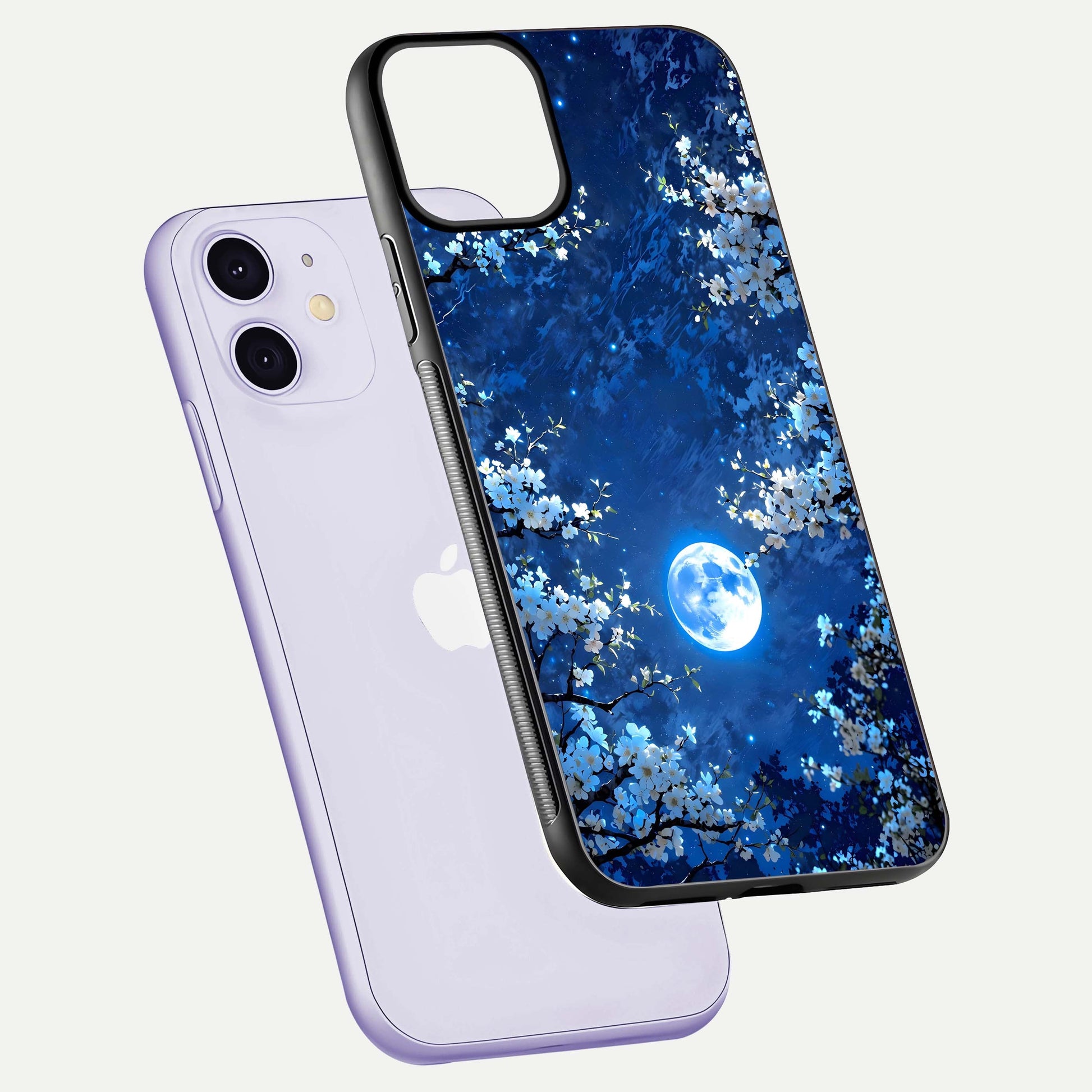 Blossom Moonlight Sky Glass Case for iPhone 11 floating mockup showing glowing moon accent and HD gloss texture