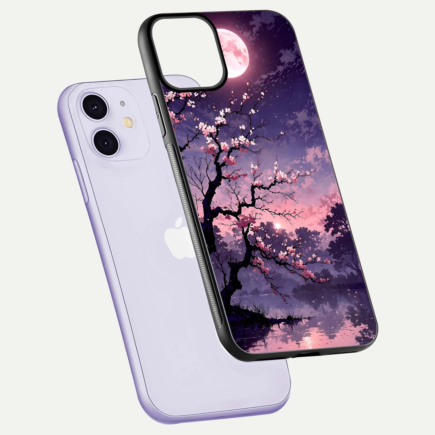 Blossom Pink Moon Glass Case for iPhone 11 floating mockup emphasizing dreamy pink moon aura and smooth finish