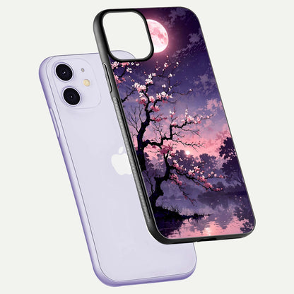 Blossom Pink Moon Glass Case for iPhone 11 floating mockup emphasizing dreamy pink moon aura and smooth finish