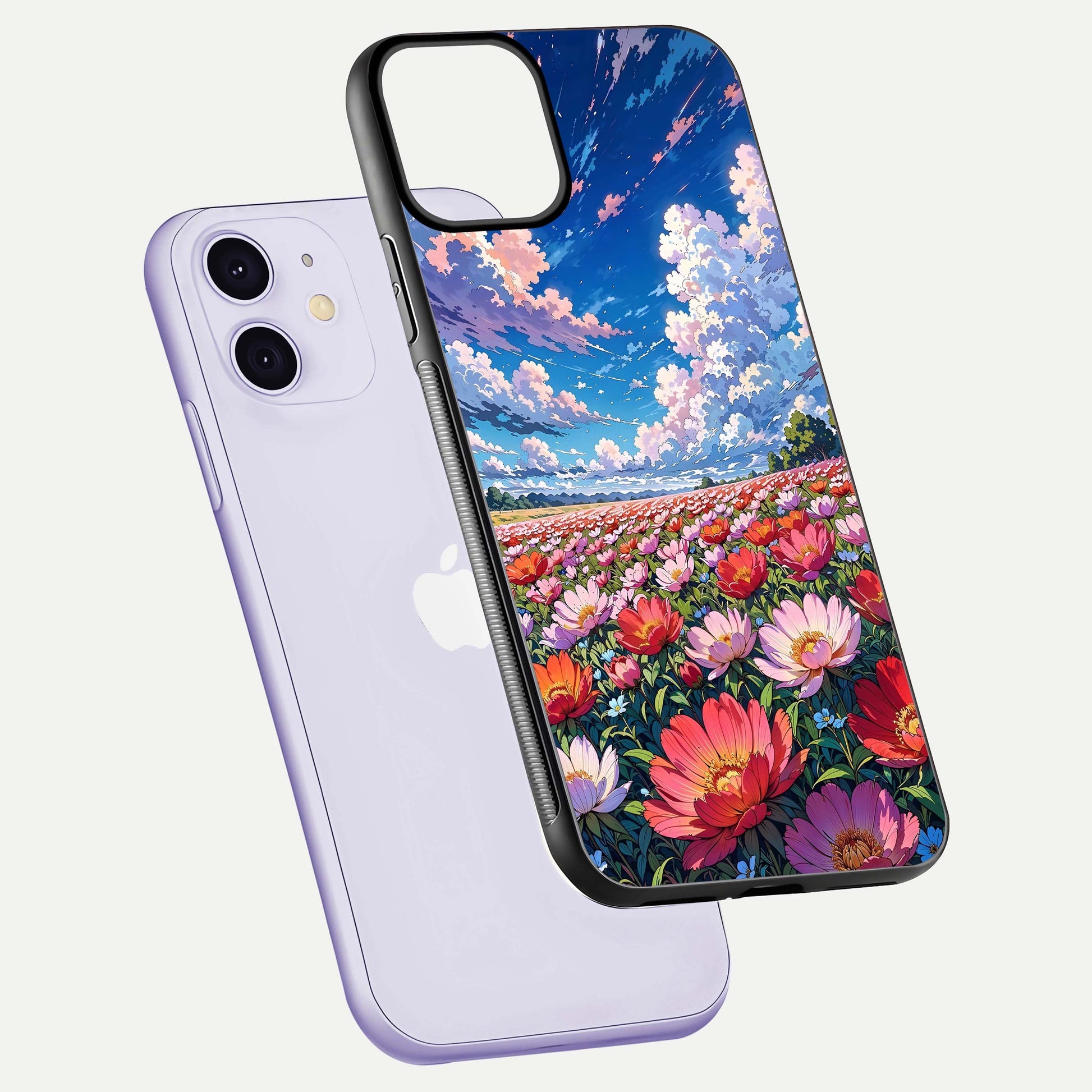 Blossom Sky Field Glass Case for iPhone 11 floating mockup displaying sky bloom concept with smooth finish