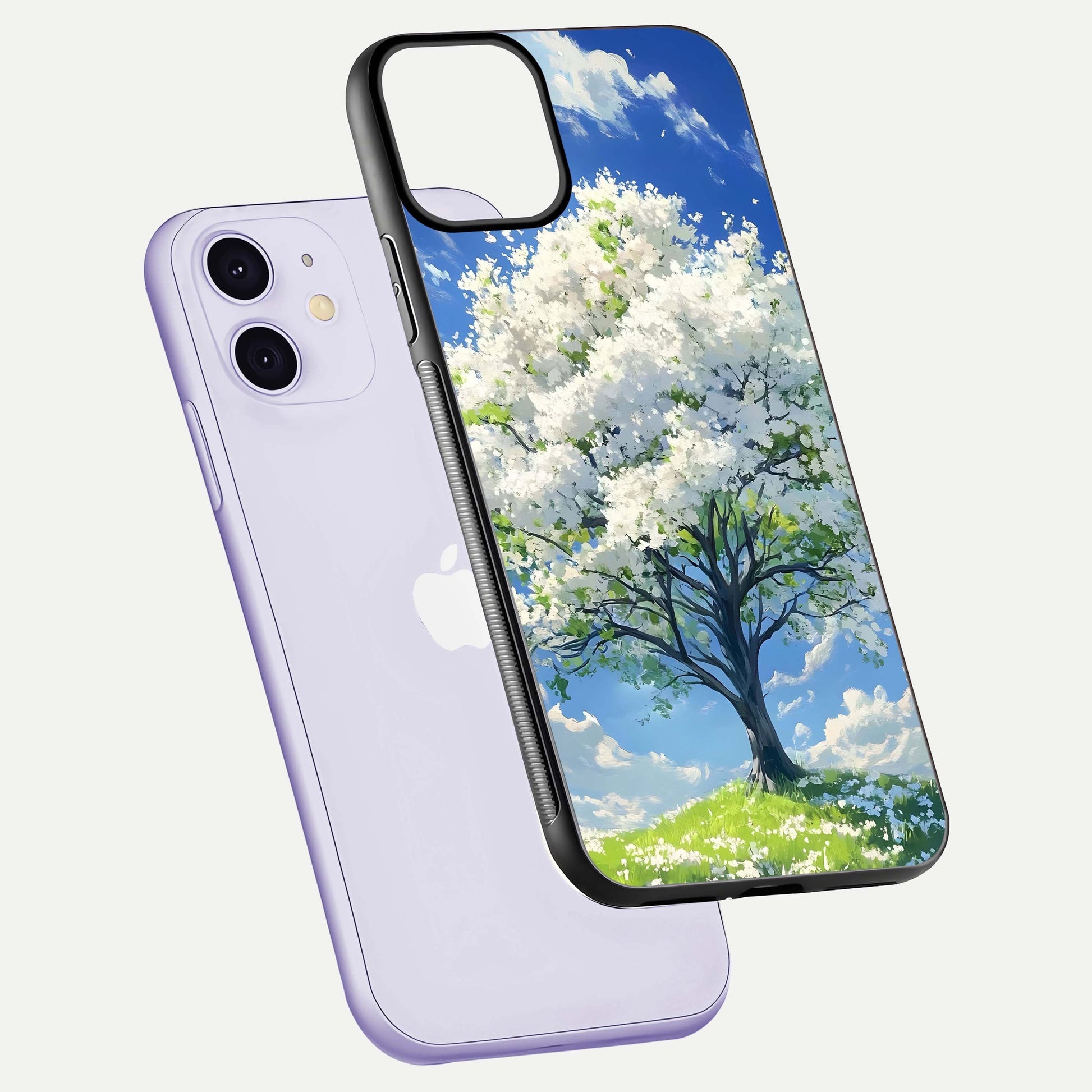 Blossom Sky Serenity Glass Case for iPhone 11 floating mockup capturing gloss surface and tranquil design
